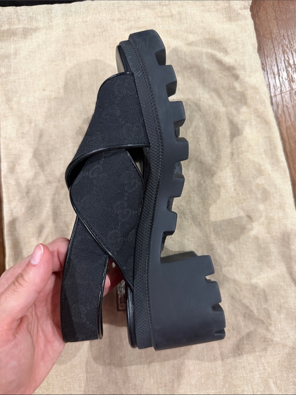 Gucci Black Crisscross GG Canvas Slingback Sandals with Gold Buckle - Picture 7 of 10